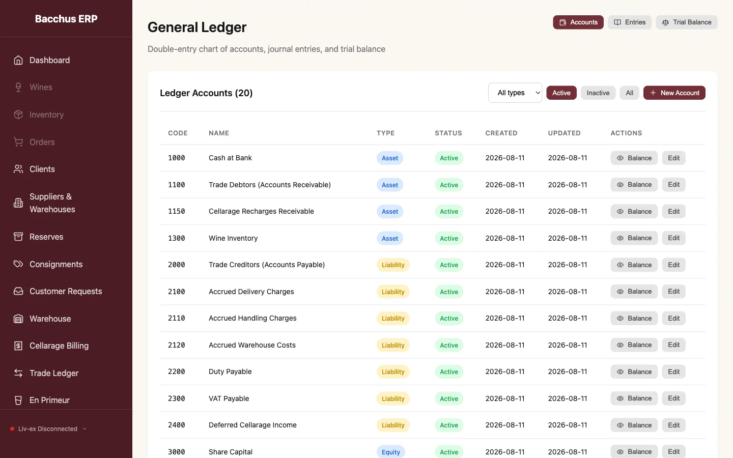 Bacchus ERP General Ledger screen showing the trade's own chart of accounts, including duty payable, VAT payable, and deferred cellarage income