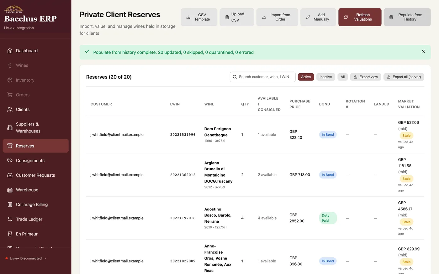 Bacchus ERP Private Client Reserves screen listing wines held in storage with purchase price, bond status and market valuation