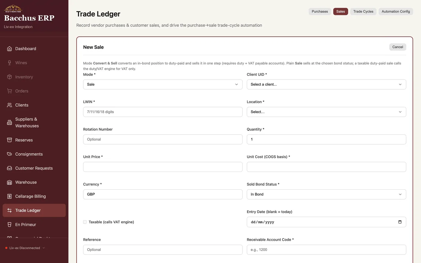 Bacchus ERP Trade Ledger screen recording a new sale, with bond status, currency and duty/VAT fields — the fine wine ERP's ledger view